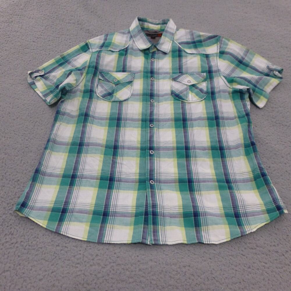 G by Guess Shirt Mens XL Snap Western Rock Plaid Green Short Sleeve Pockets Y2K